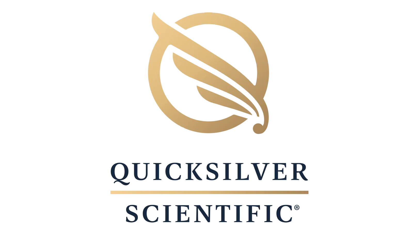 Affiliates 14 Gold circular logo with a stylized leaf in the center above the words QUICKSILVER SCIENTIFIC in bold, dark lettering, separated by a gold horizontal line, all on a black background.