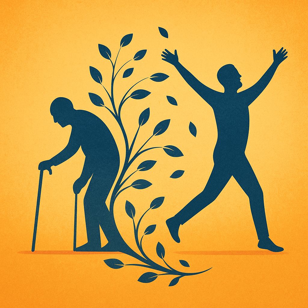 Silhouette of a person with a cane transforms into a joyful, upright figure, connected by a leafy vine, symbolizing healing or recovery.