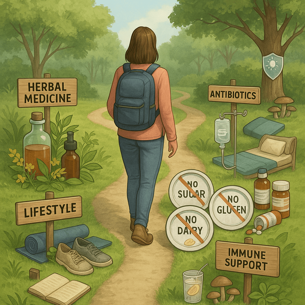 A person with a backpack walks down a forest path flanked by signs labeled Herbal Medicine, Lifestyle, Antibiotics, Immune Support, and No Sugar, Gluten, or Dairy, surrounded by related health items and greenery.