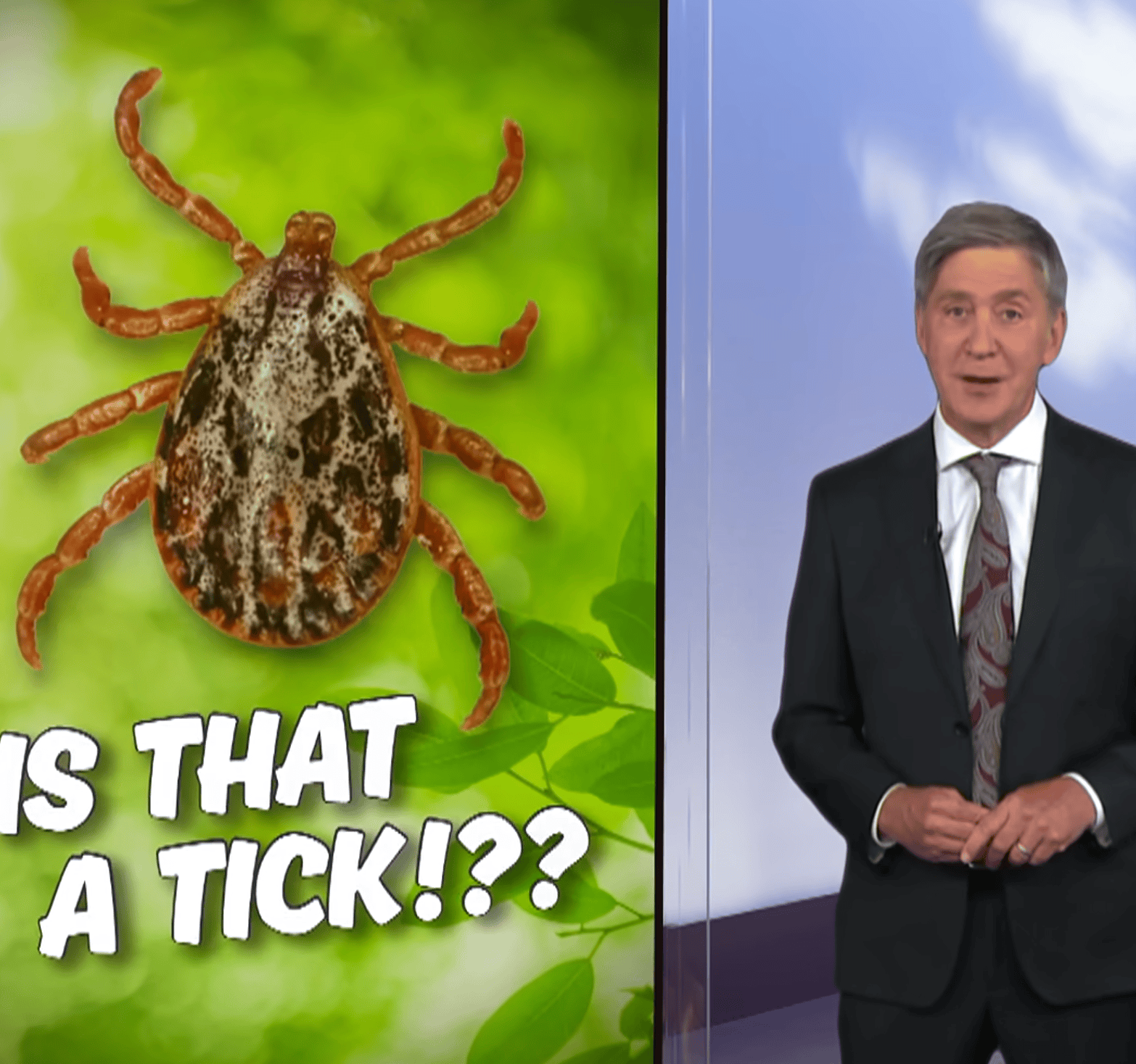 A man in a suit stands beside a screen showing a large tick and bold text that reads, IS THAT A TICK!?! on a green leafy background.