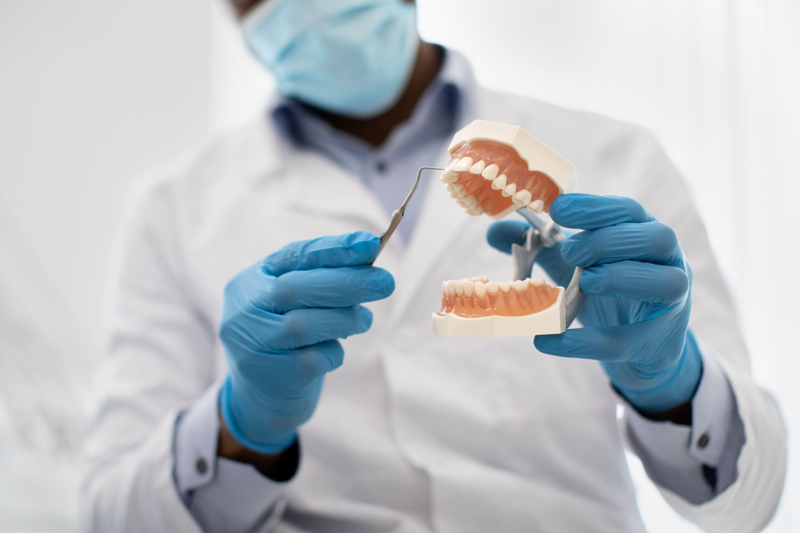 A dentist wearing blue gloves and a white coat holds a dental model and uses a dental tool to demonstrate proper technique, with the focus on the hands and model.