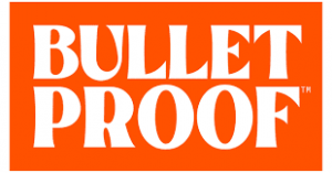The image shows the words BULLET PROOF in bold, white uppercase letters on an orange rectangular background.