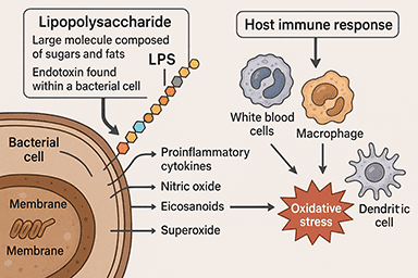 Diagram showing lipopolysaccharide (LPS) from a bacterial cell membrane triggering host immune response, leading to release of proinflammatory cytokines, nitric oxide, eicosanoids, and superoxide, causing oxidative stress.