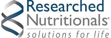 Logo for Researched Nutritionals featuring a stylized DNA double helix on the left and the text Researched Nutritionals solutions for life” in blue and gray on the right.