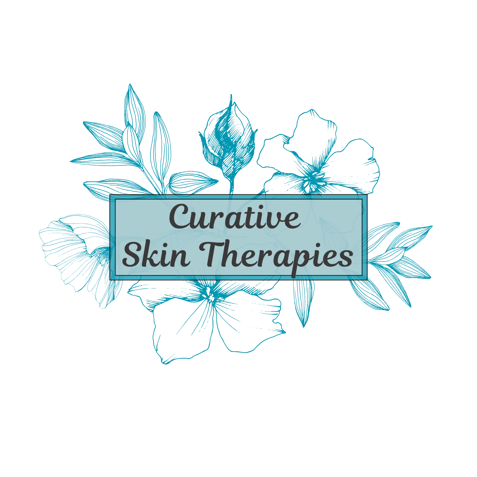 A logo with the text Curative Skin Therapies in a blue-bordered box, surrounded by blue floral line art on a black background.