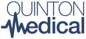 Logo for Quinton Medical. The word Quinton is written in uppercase blue letters above medical, with a stylized heartbeat line forming the m in medical.