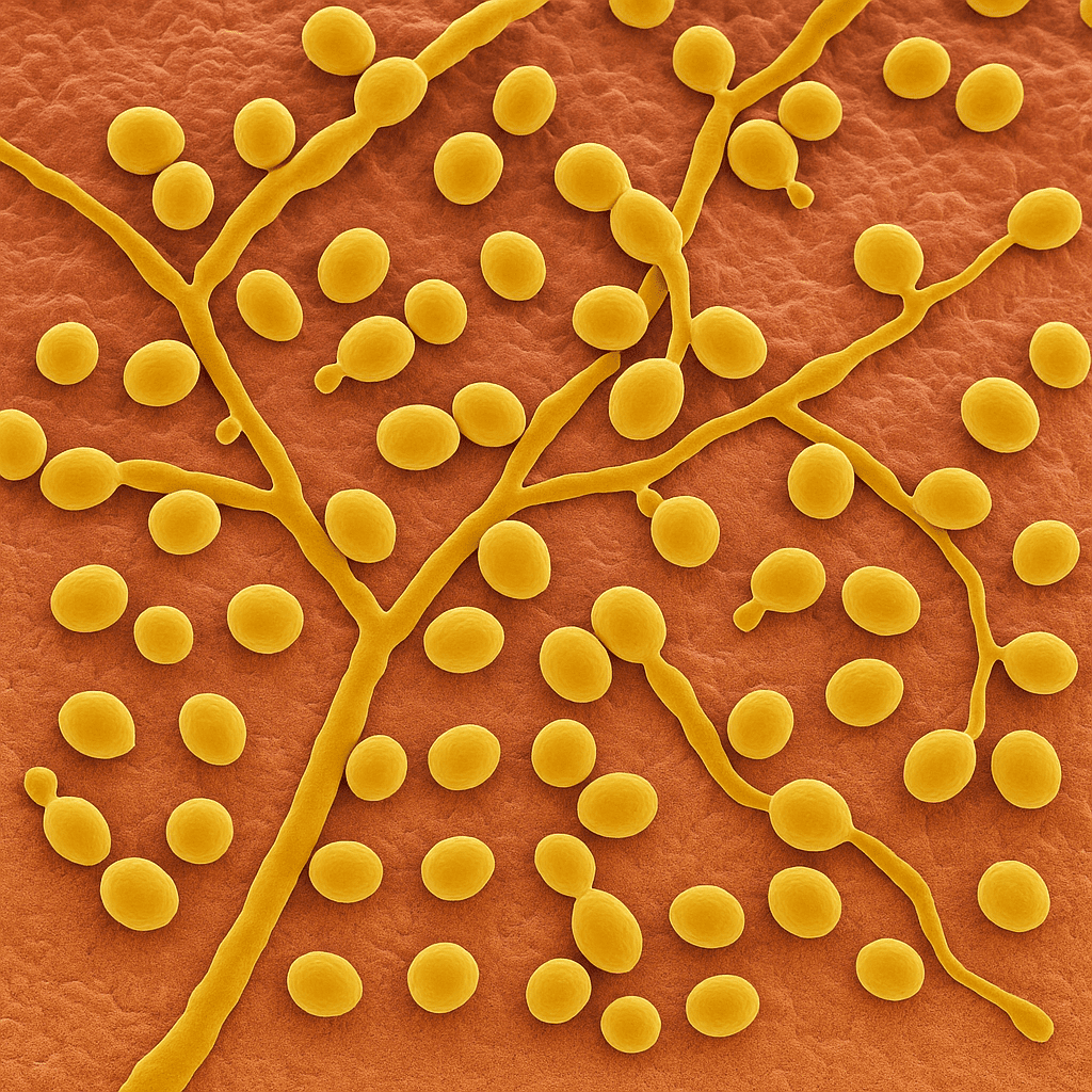 A microscopic view shows yellow, round fungal spores connected by branching filaments, all set against a textured orange background.