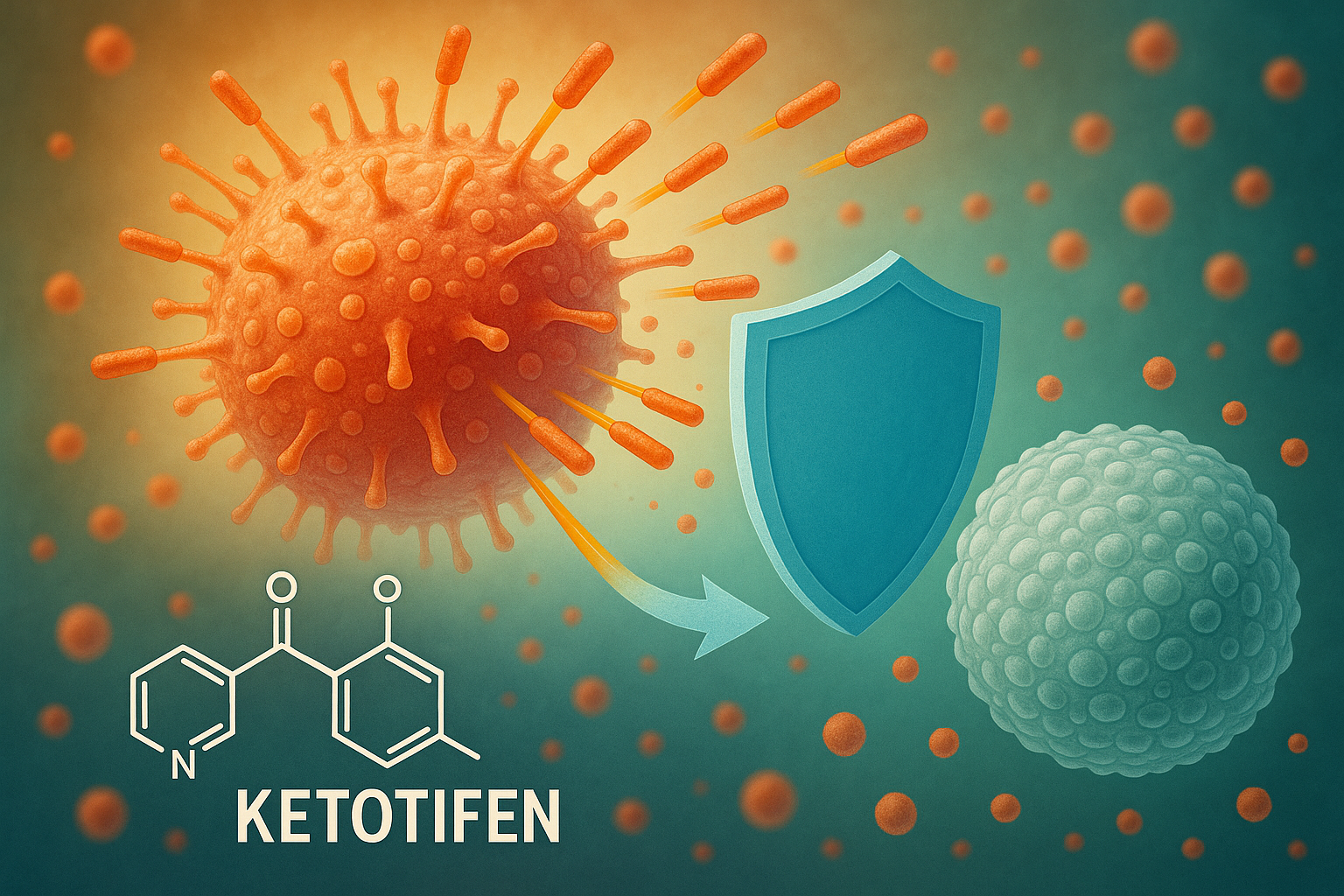 Illustration of a large virus-like particle, a shield blocking it, and healthy cells. Chemical structure and text “KETOTIFEN” suggest the drug protects cells from viral or allergic attack.