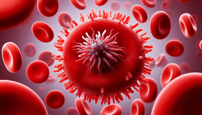 A close-up illustration shows a red virus particle with spike-like structures surrounded by floating red blood cells against a blurred background.