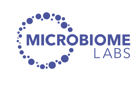 Microbiome Labs logo featuring the company name in bold purple text surrounded by a circular pattern of various-sized purple dots on a white background.