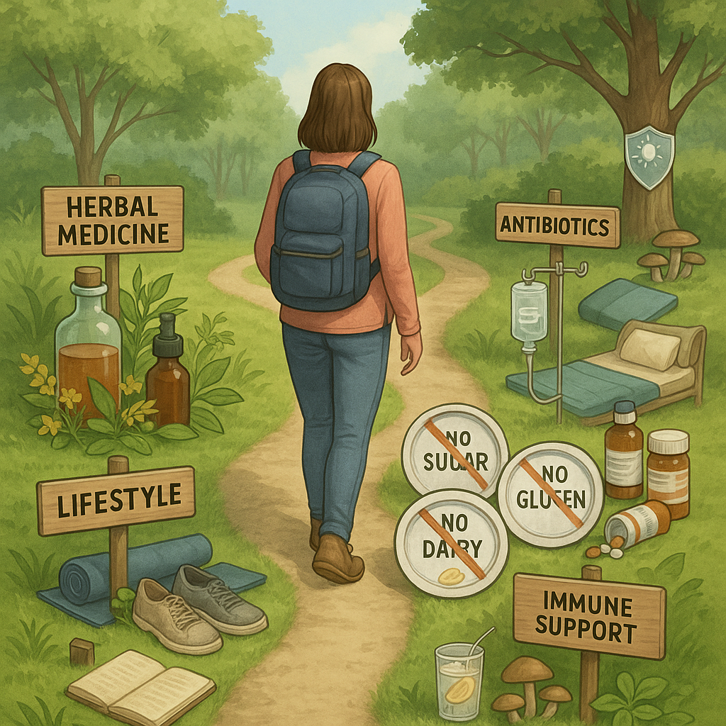 A person with a backpack walks down a forest path flanked by signs labeled Herbal Medicine, Lifestyle, Antibiotics, Immune Support, and No Sugar, Gluten, or Dairy, surrounded by related health items and greenery.