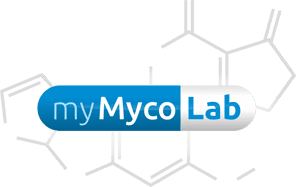 A blue and white capsule-shaped logo with the text my Myco Lab on it. Faint chemical structure outlines are visible in the background.