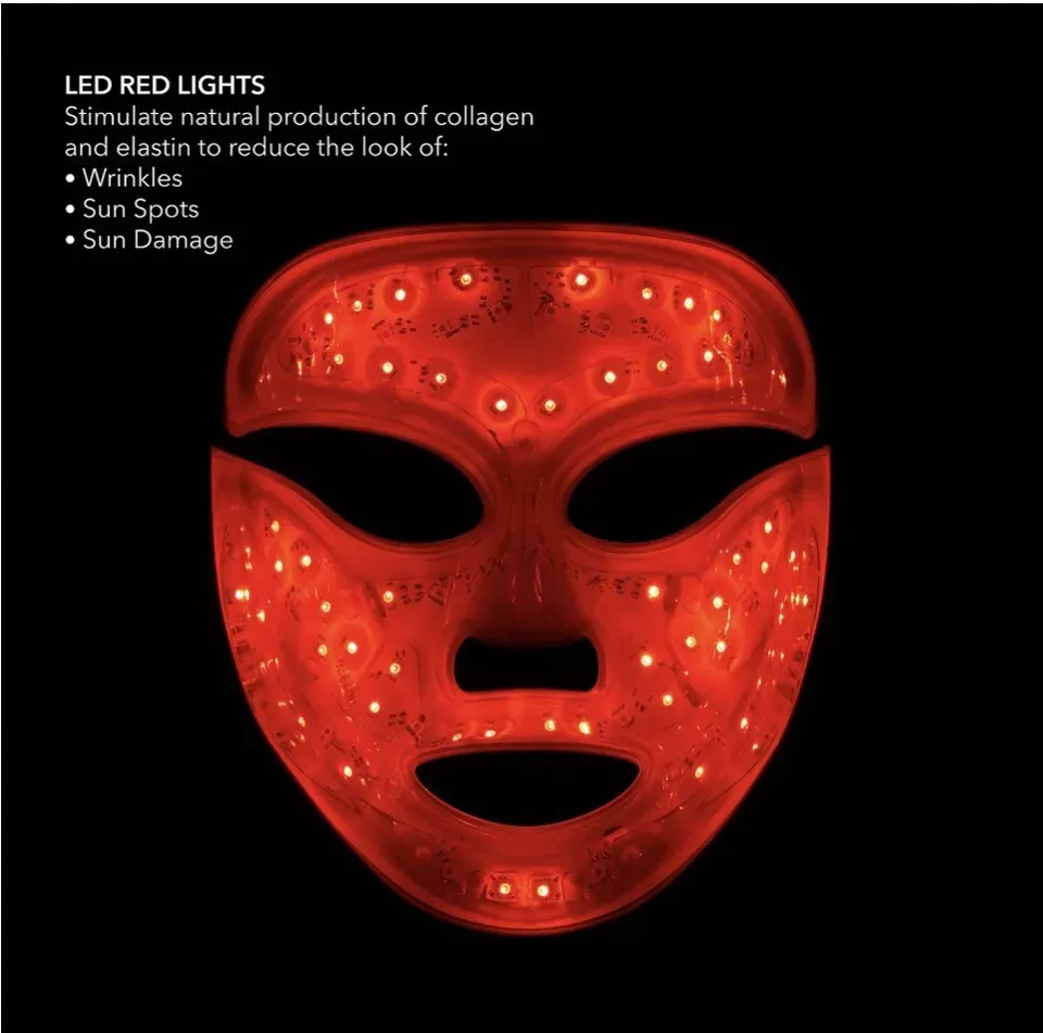 A red LED light therapy mask is illuminated against a black background. Text beside it explains that it helps reduce wrinkles, sun spots, and sun damage by stimulating collagen and elastin production.