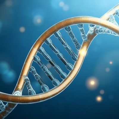 A close-up illustration of a DNA double helix strand with a glowing, blue background and floating light particles, highlighting the molecular structure.