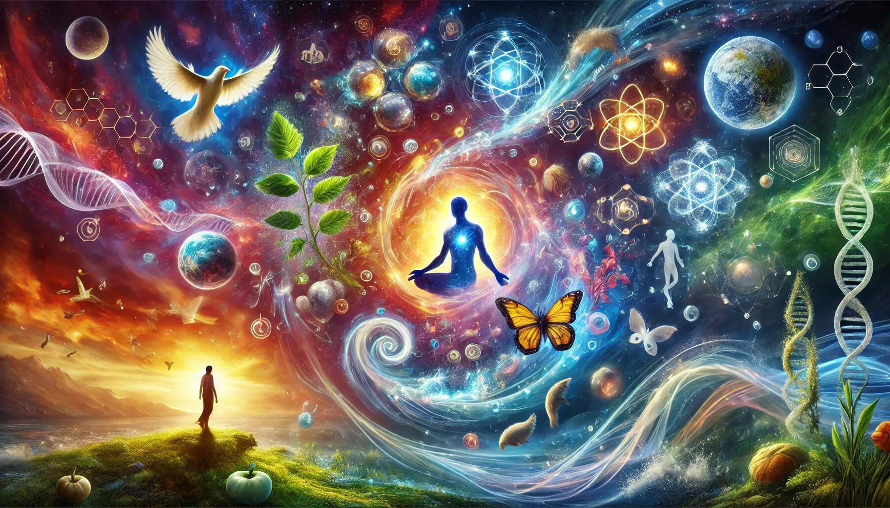 A surreal and vibrant digital painting representing the fusion of nature science instinct intuition soul and ethics.