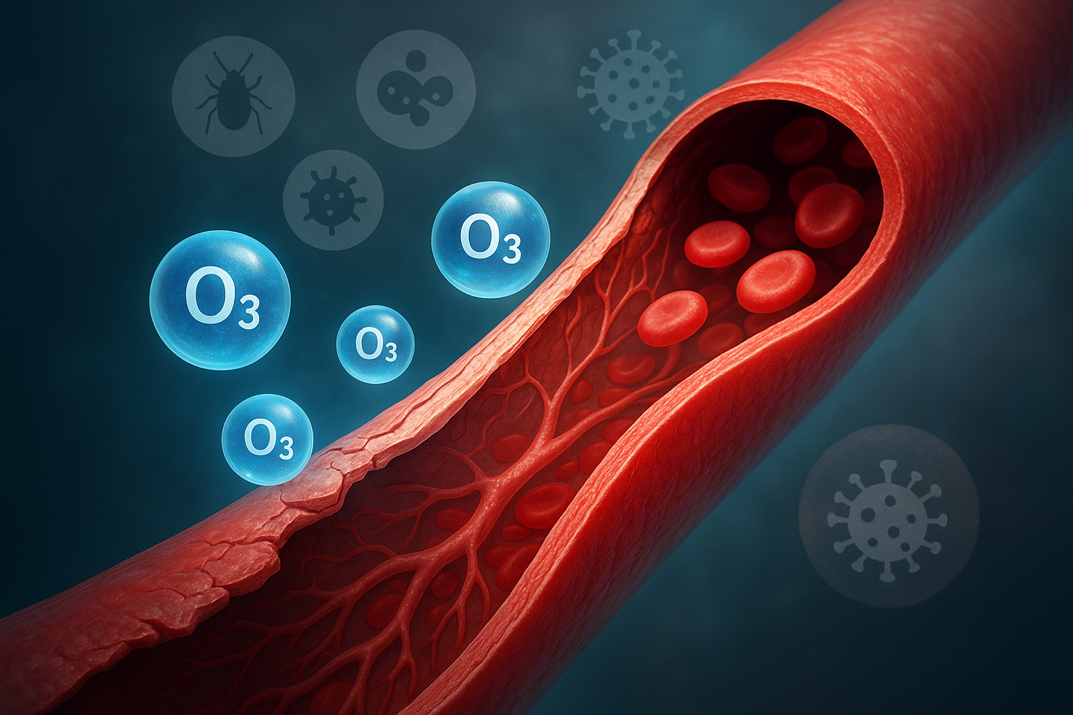 A cross-section of a blood vessel with red blood cells inside, surrounded by illustrated ozone (O3) molecules and icons of viruses and bacteria, representing a medical or scientific concept.