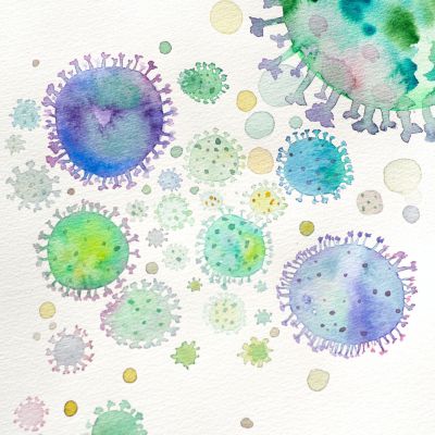 Watercolor illustration of various virus-like particles in shades of blue, green, and purple on textured white paper, resembling microscopic images of cells or germs.