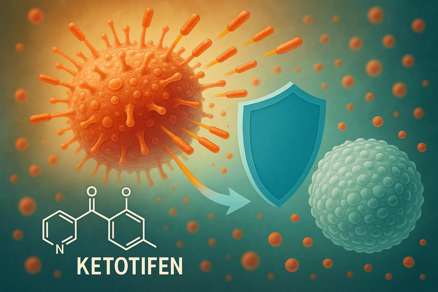 Illustration of a large virus-like particle, a shield blocking it, and healthy cells. Chemical structure and text “KETOTIFEN” suggest the drug protects cells from viral or allergic attack.