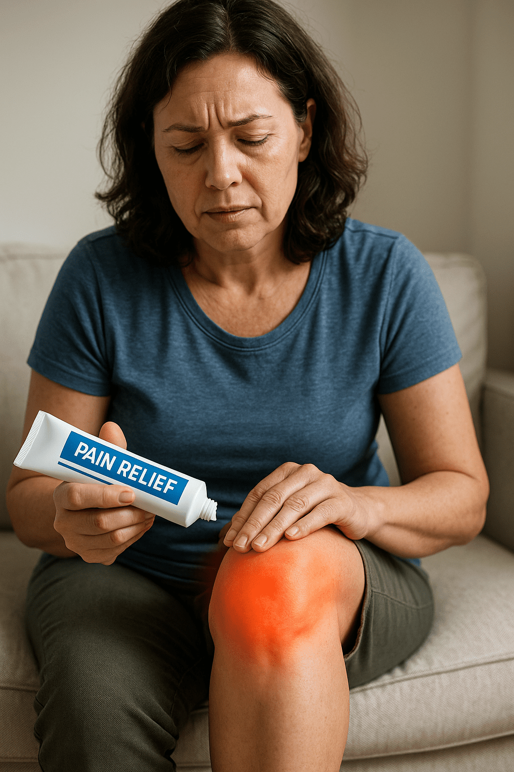 A woman sitting on a couch applies pain relief cream to her inflamed, red knee, looking concerned.