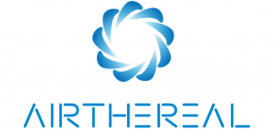 Blue stylized circular logo resembling swirling blades above the word AIRTHEREAL in a modern, geometric font. The overall design suggests freshness and clean air.