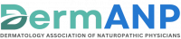 Logo for DermANP, the Dermatology Association of Naturopathic Physicians, with “Derm” in teal-green with a leaf design and “ANP” in bold blue; full name appears below in gray text.