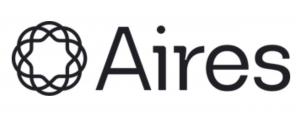 The image shows the word Aires in black text next to a circular, abstract geometric logo made of interwoven lines. The background is white.