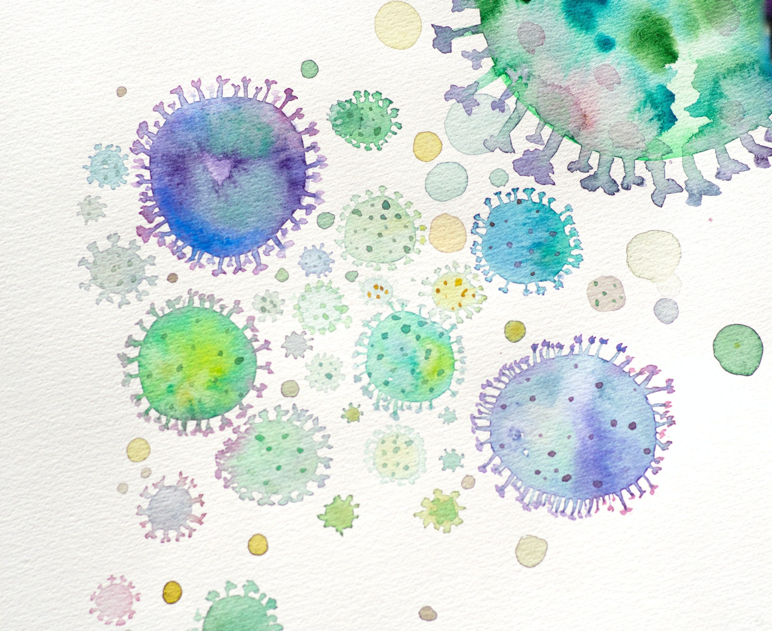 Watercolor illustration of various virus-like particles in shades of blue, green, and purple on textured white paper, resembling microscopic images of cells or germs.