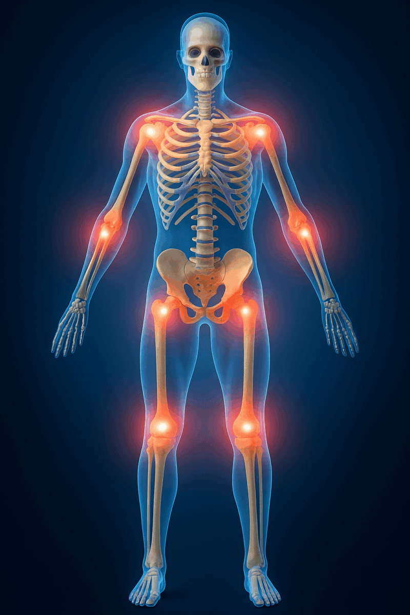 A human skeleton with major joints highlighted in red, indicating areas of pain or inflammation, set against a dark blue background.
