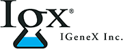 Logo for IGeneX Inc. It features the text IGx with the G stylized as an Erlenmeyer flask containing blue liquid. IGeneX Inc. is written to the right of the logo.