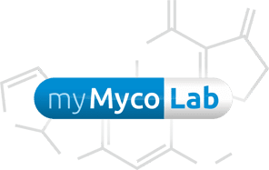 A blue and white capsule-shaped logo with the text my Myco Lab on it. Faint chemical structure outlines are visible in the background.