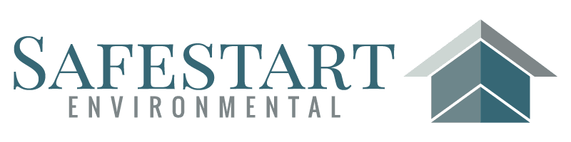 Logo for Safestart Environmental, featuring the company name in blue-gray text next to a geometric house icon in shades of blue and gray, all on a light background.