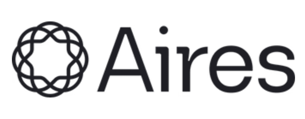 The image shows the word Aires in black text next to a circular, abstract geometric logo made of interwoven lines. The background is white.
