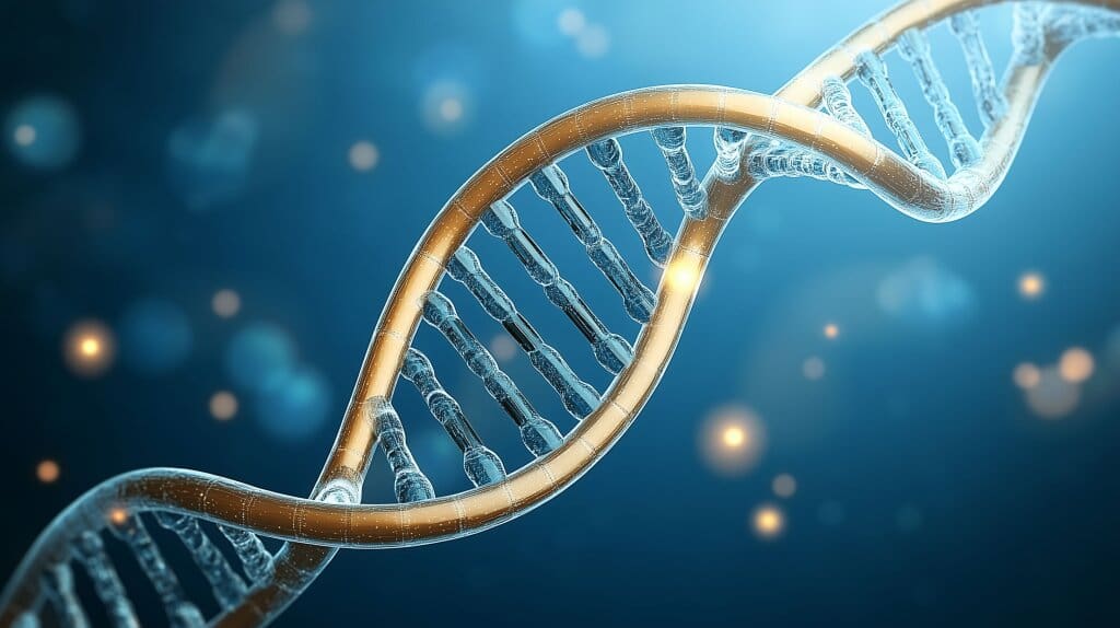 A close-up illustration of a DNA double helix strand with a glowing, blue background and floating light particles, highlighting the molecular structure.