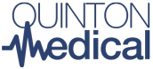 Logo for Quinton Medical. The word Quinton is written in uppercase blue letters above medical, with a stylized heartbeat line forming the m in medical.