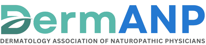 Logo for DermANP, the Dermatology Association of Naturopathic Physicians, with “Derm” in teal-green with a leaf design and “ANP” in bold blue; full name appears below in gray text.
